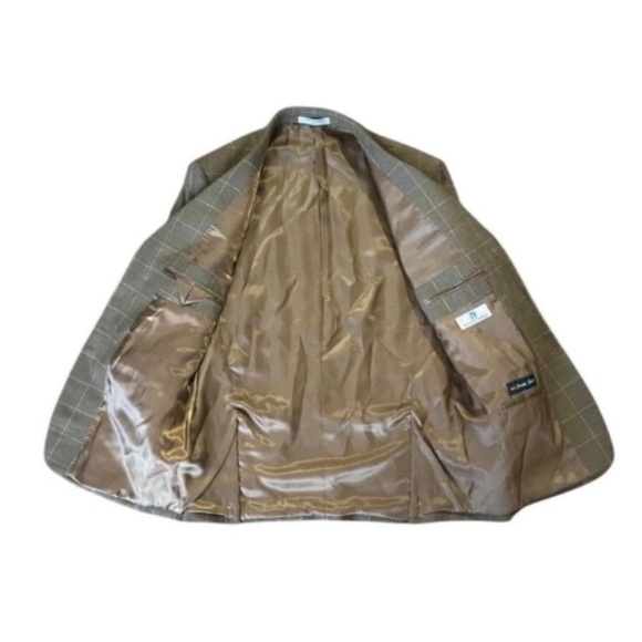 Mens Blazer Windowpane Brown White Check 40S Double Vent Worsted Wool Coat - Picture 7 of 9